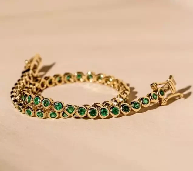 6Ct Round Lab Created Green Emerald Bezel Tennis Bracelet 14K Yellow Gold Plated