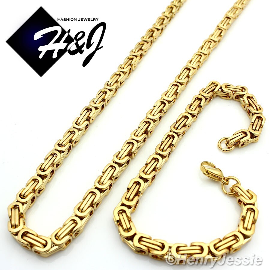 24″Stainless Steel 9mm Gold Plated Byzantine Box Link Necklace Bracelet SET*T