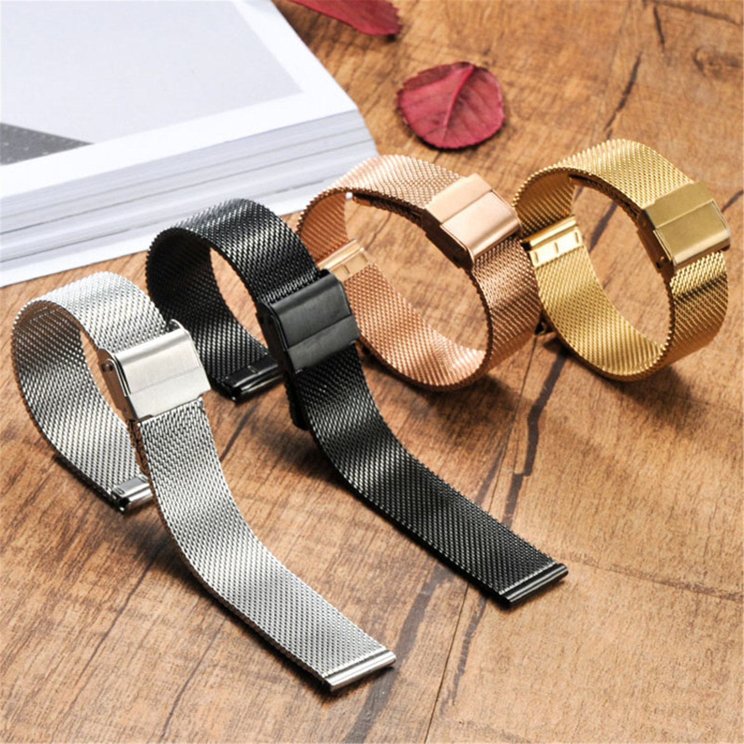 0.6mm Wire Meshed Loop Watch Strap 22mm Mesh Band Double-lock Clasp 10-20mm 24mm