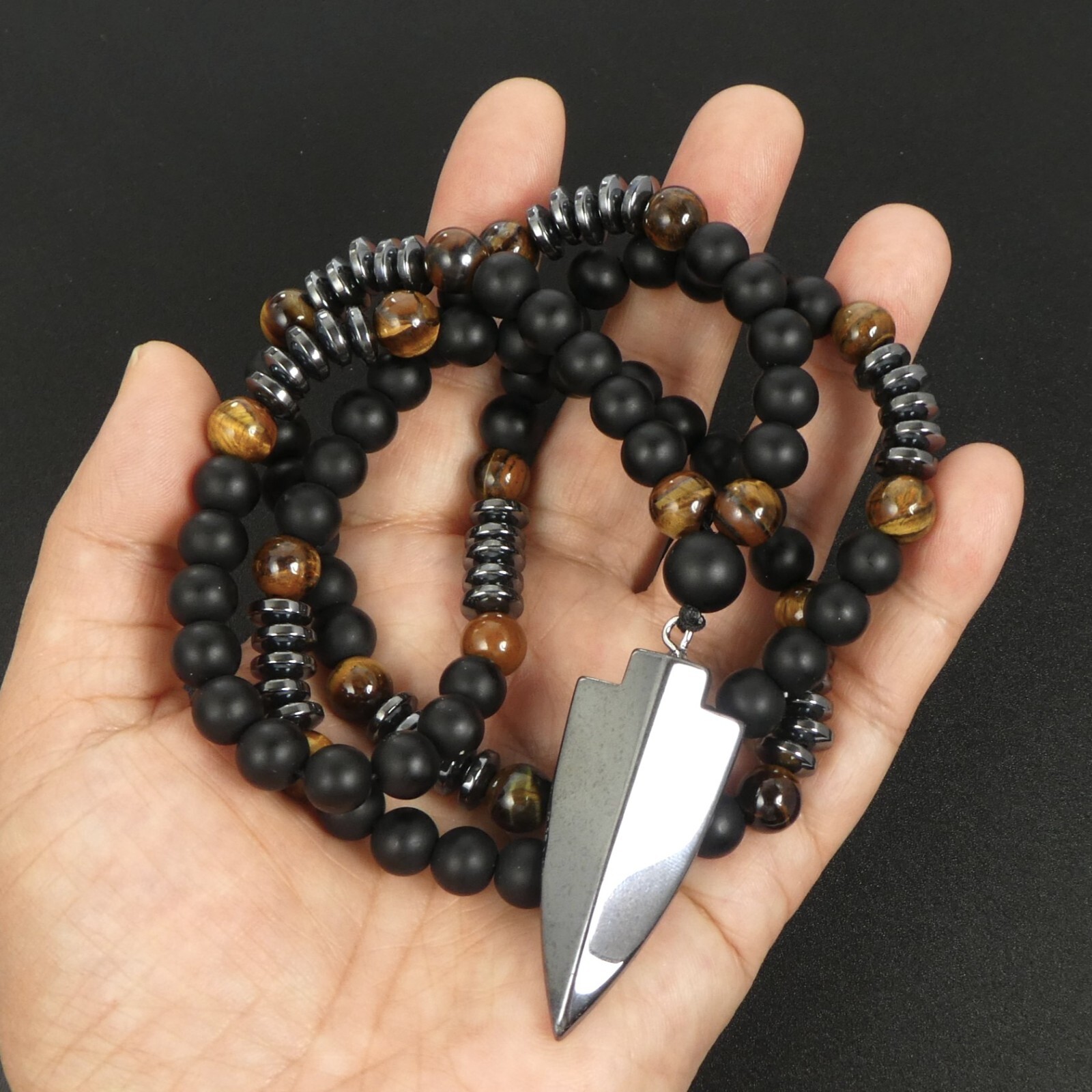Tiger Eye Matte Black Onyx Hematite Arrowhead Pendant 29″ Long Necklace Man Gift