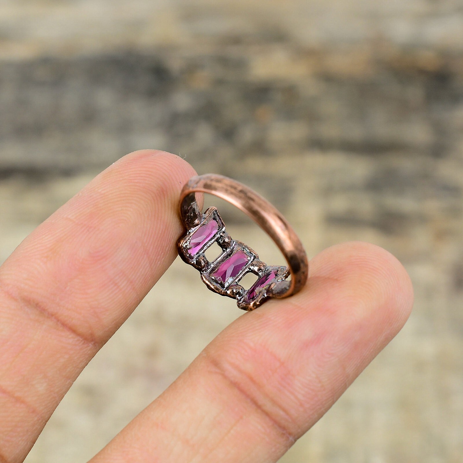 Pink Tourmaline Copper Electroformed Stackable Adjustable Ring Size Adjustable