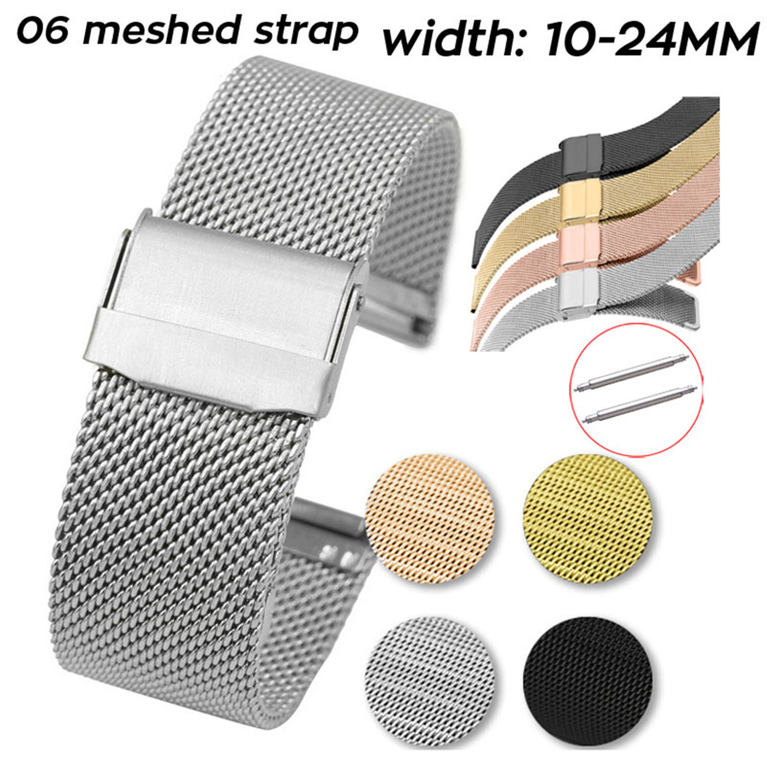 0.6mm Wire Meshed Loop Watch Strap 22mm Mesh Band Double-lock Clasp 10-20mm 24mm