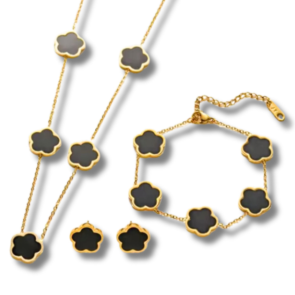 3pc StainlessSteel Five Leaf Clover Flower Necklace Set Tarnish Free Gold Plated