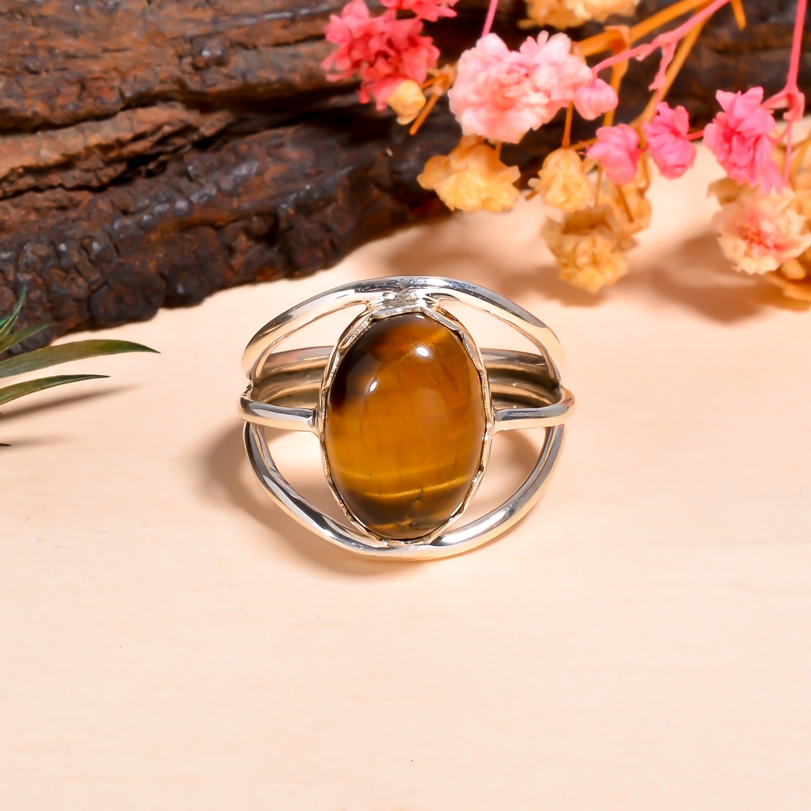 Tiger Eye Gemstone 925 Silver Handmade Statement Ring Jewelry