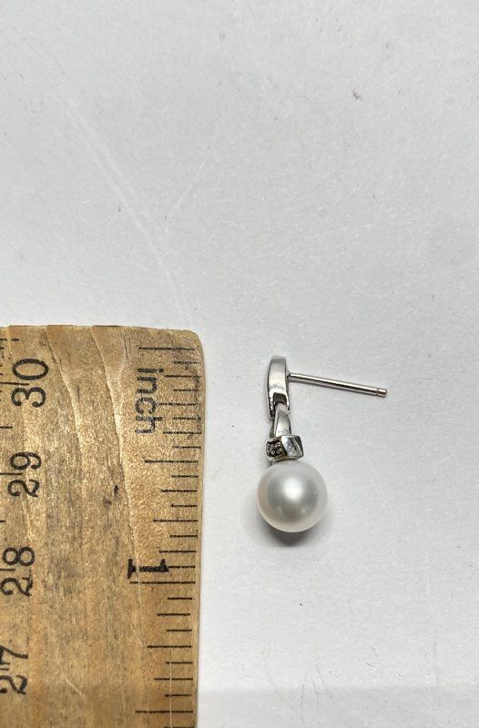 RL Sterling Silver 925 Pearl & Diamond Ribbon Twist Drop Earrings 5/8″