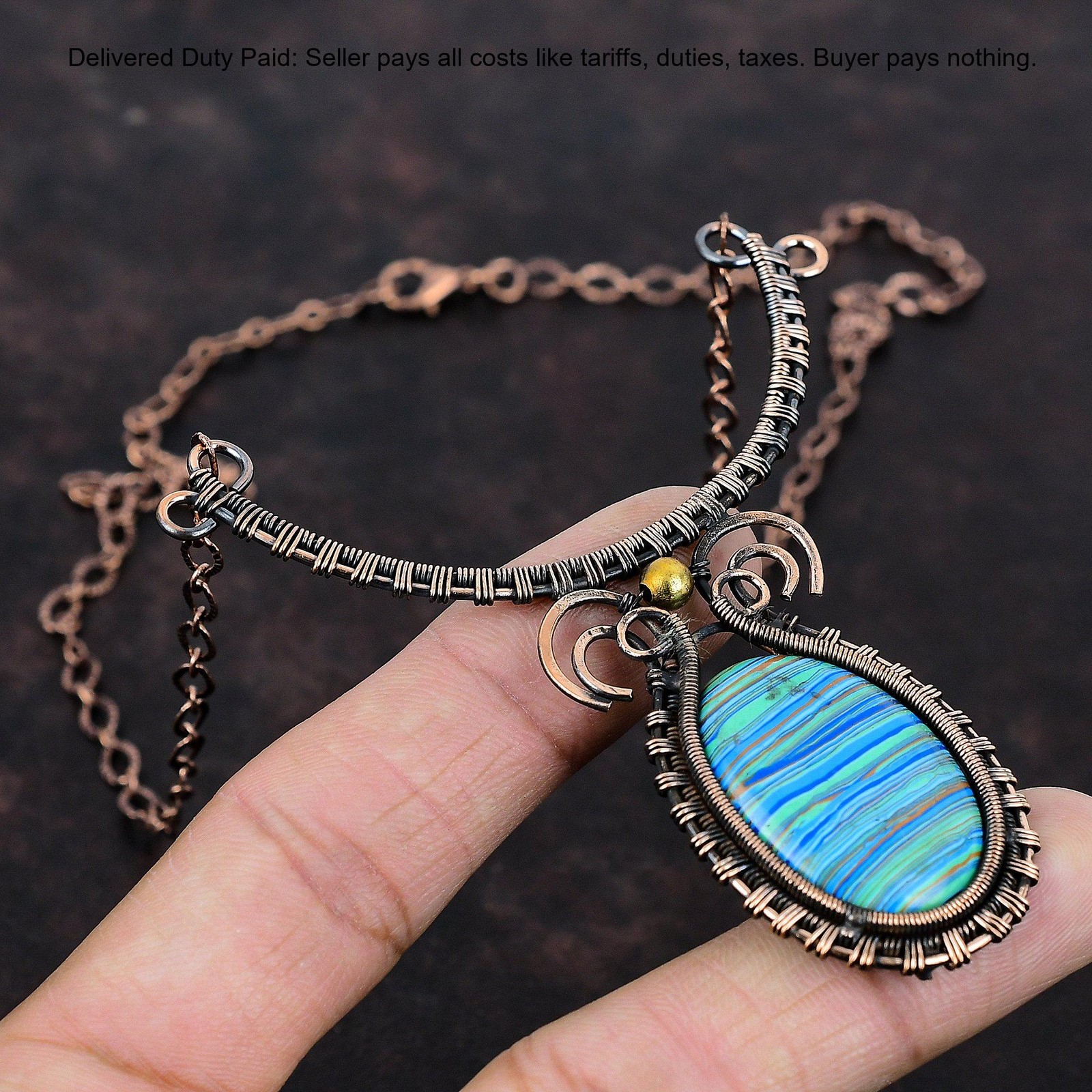 Copper Rainbow Calsilica Stone Chain Wire Wrapped Engagement Necklace Jewelry