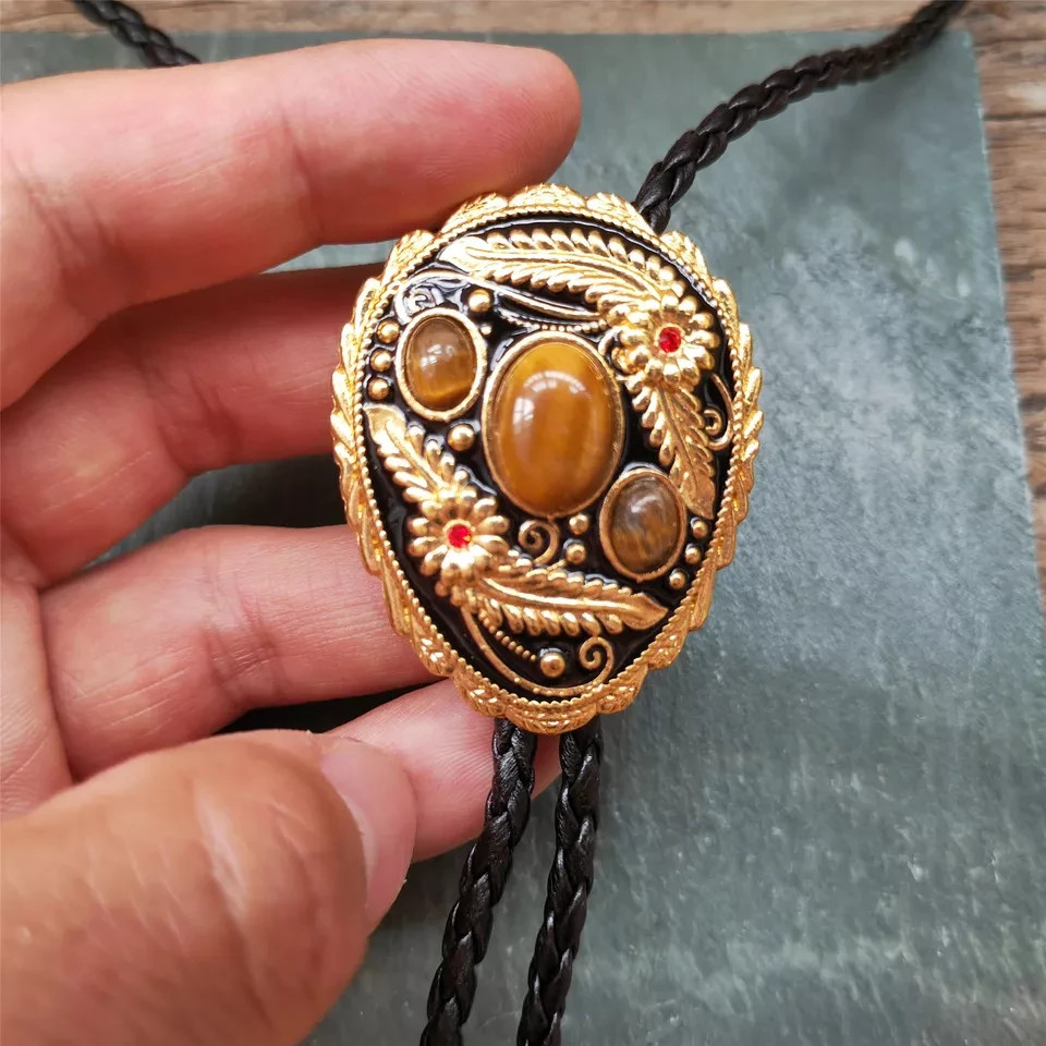 3 Tigers Eye Stone Men Bolo Tie Wedding Necklace Western Cowboy Necktie vintage