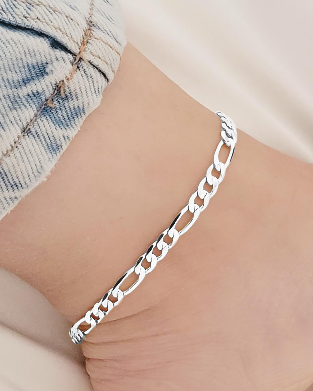 Melshabt Sterling Silver Ankle Bracelets for Women 8.5 Inch, Figaro,Curb,Rope