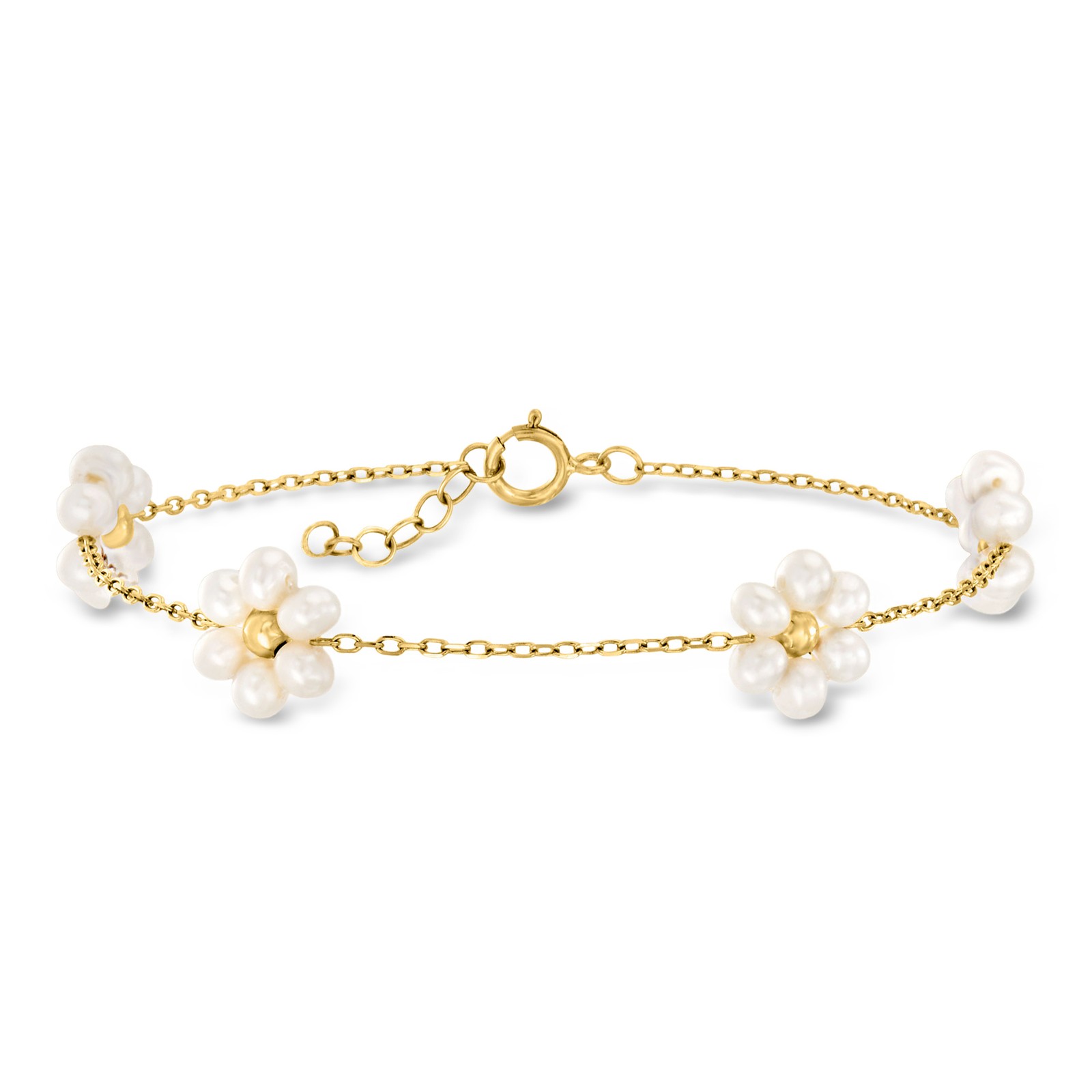 Ross-Simons 3-3.5mm Cultured Pearl Flower Station Bracelet in 14kt Yellow Gold
