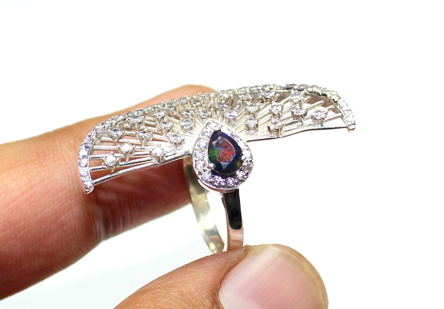 Natural Black Opal Ring, Eagle Wings Sterling Silver Ring, October Birthstone