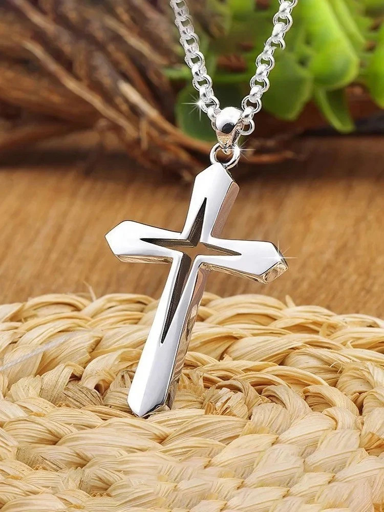Stainless Steel Hollow Cross Pendant Necklace Men Christian Religious Jewelry
