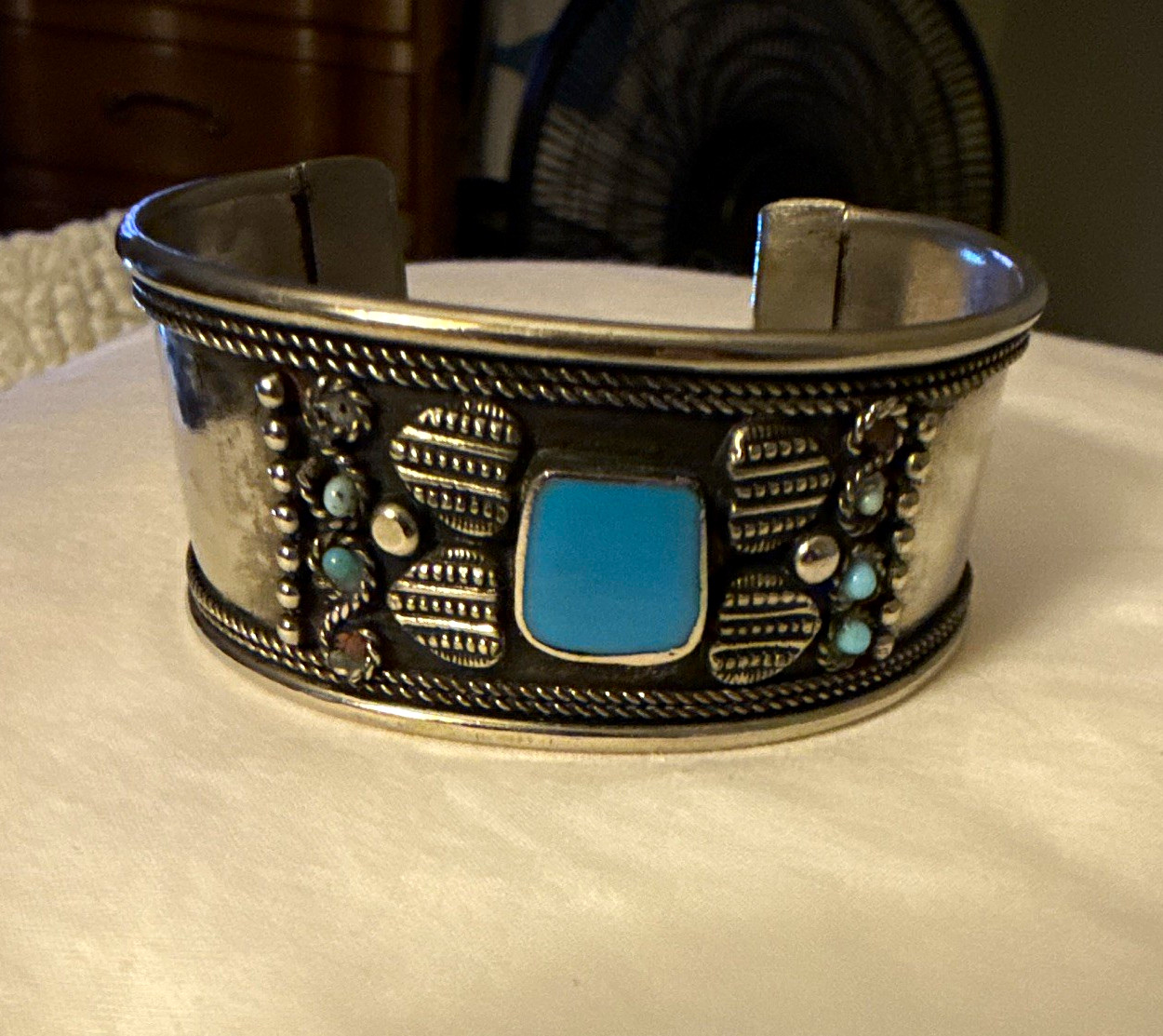 Silver Tone Turquoise Square Bezel Cuff Bracelet, Unisex Adults