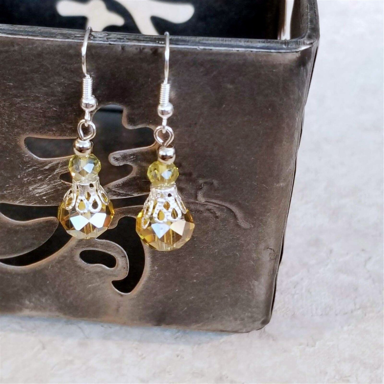 Victorian Champagne Crystal Silver Filigree Basket Handcrafted Earrings