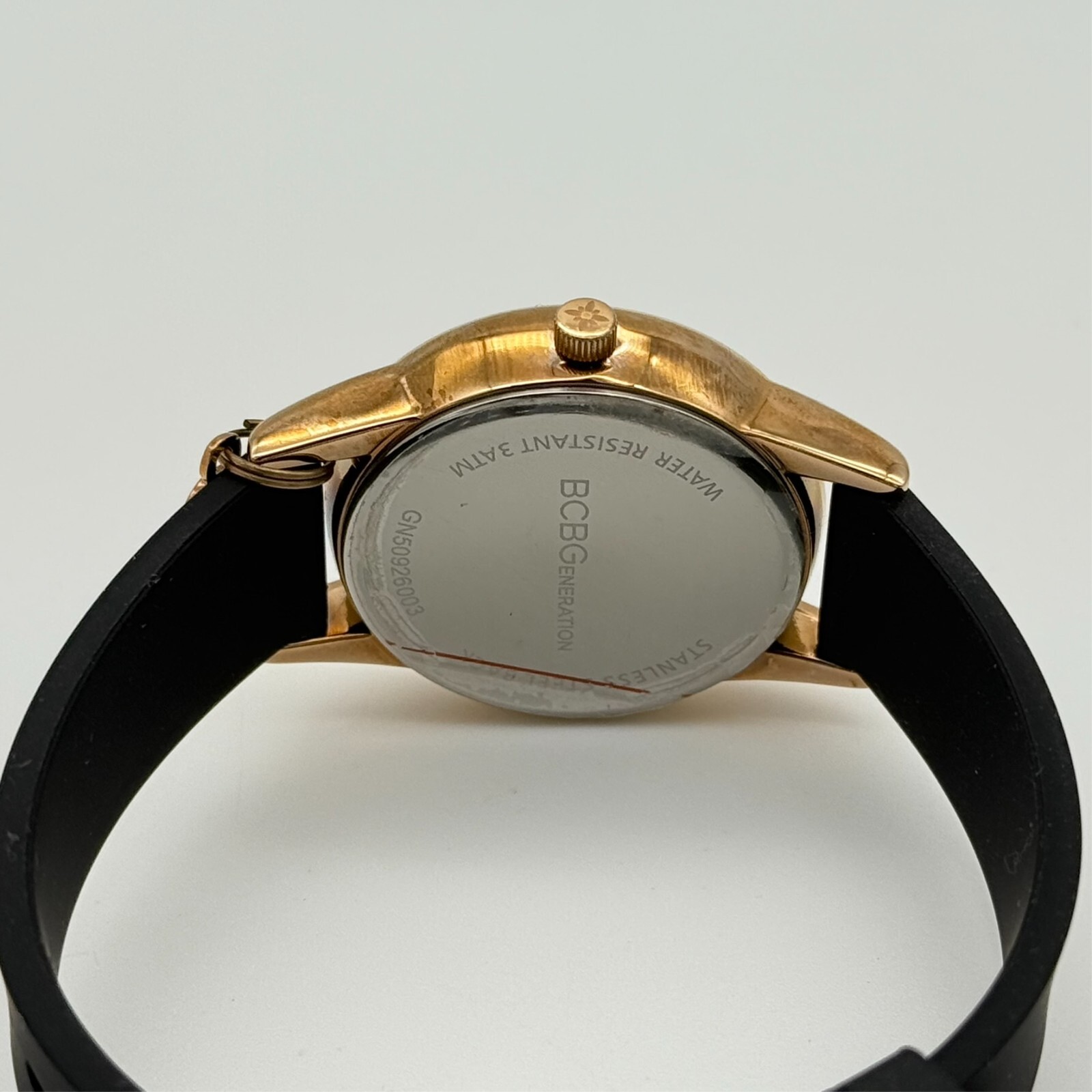 Ladies BCBGeneration Rose Gold Tone, Black Silicone Band Analog Watch, BCBG 33mm