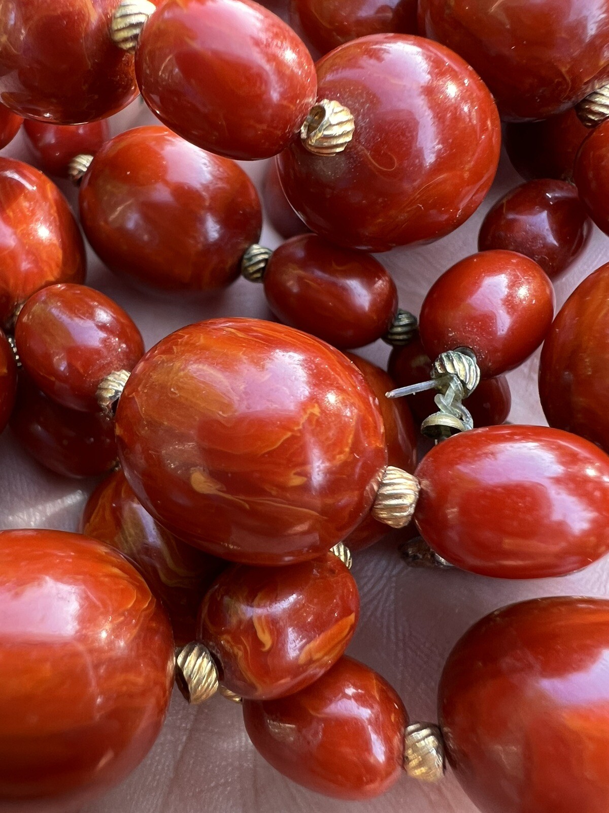 Vintage Bakelite Red Oval Swirl Bead Necklace 83.5 Grams 28.5″