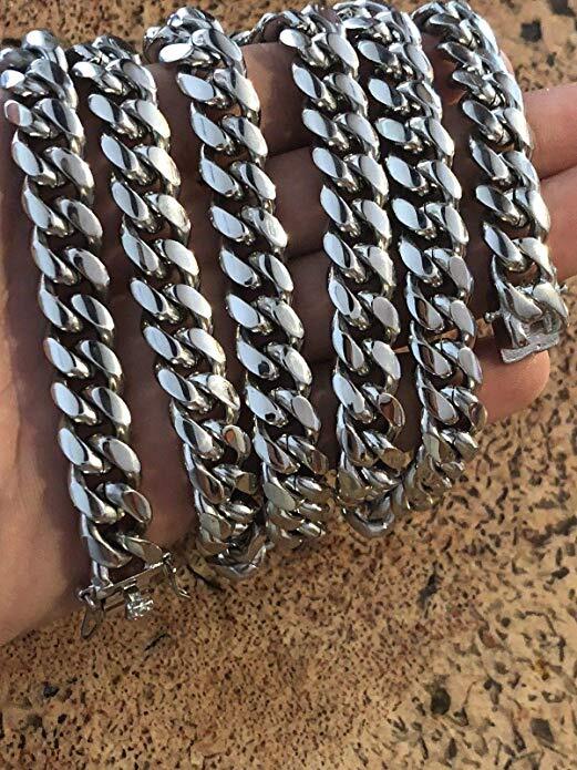Men’s Heavy Silver Miami Cuban Link Bracelet Chain Stainless Steel 8mm-14mm