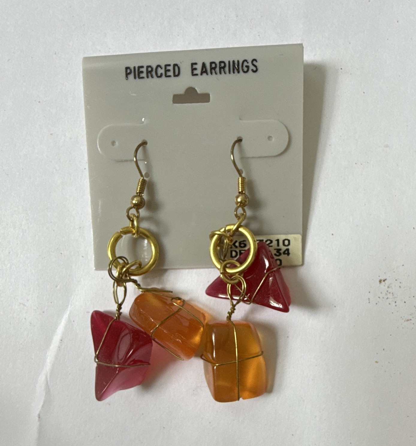 Pierced Gold Tone Wire Wrapped Dangle Earrings Red Orange Glass Bead Drops