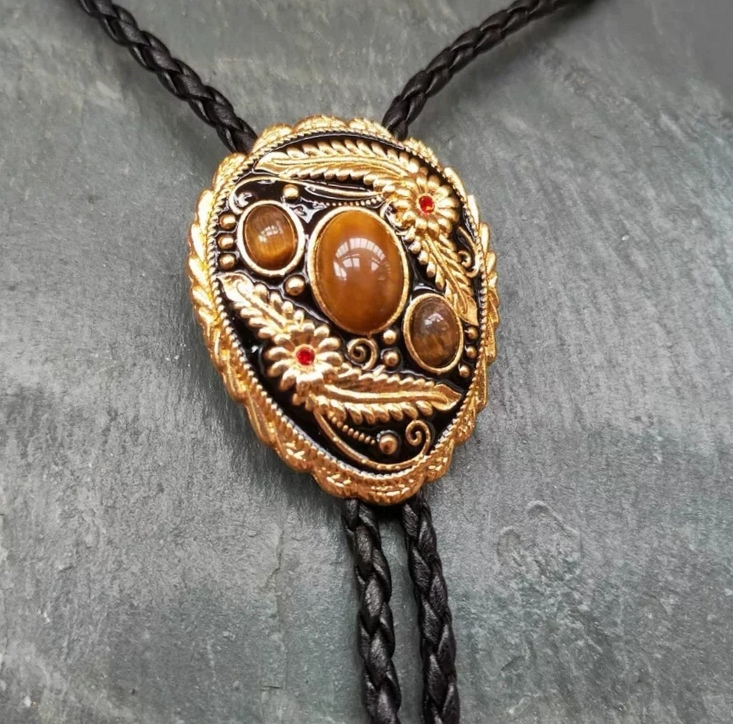 3 Tigers Eye Stone Men Bolo Tie Wedding Necklace Western Cowboy Necktie vintage