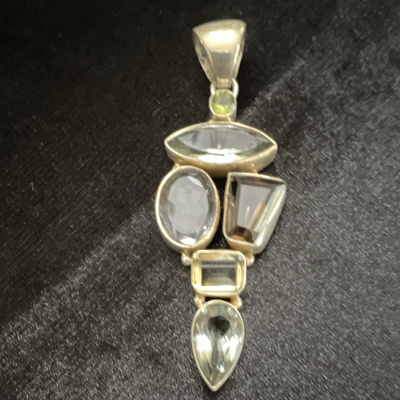 Silver Tone Multi-Stone Bezel Set Asymmetrical Charm Pendant, 5 Mixed Shapes