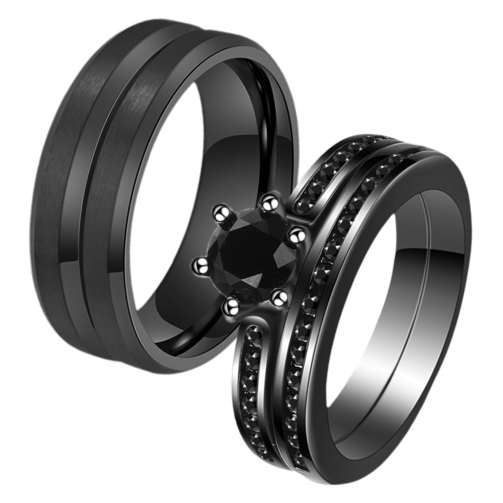 Couples His&Hers Stainless Steel Ring Set Cubic Zirconia Stacking Wedding Band