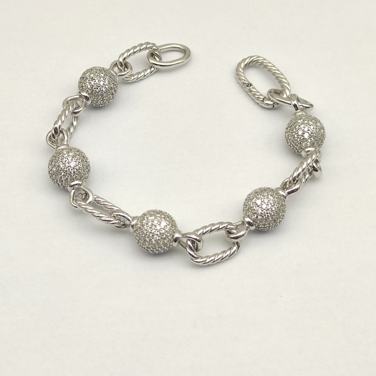 David Yurman 925 Sterling Silver Pavé Diamond Ball Cable Link Bracelet 21cm