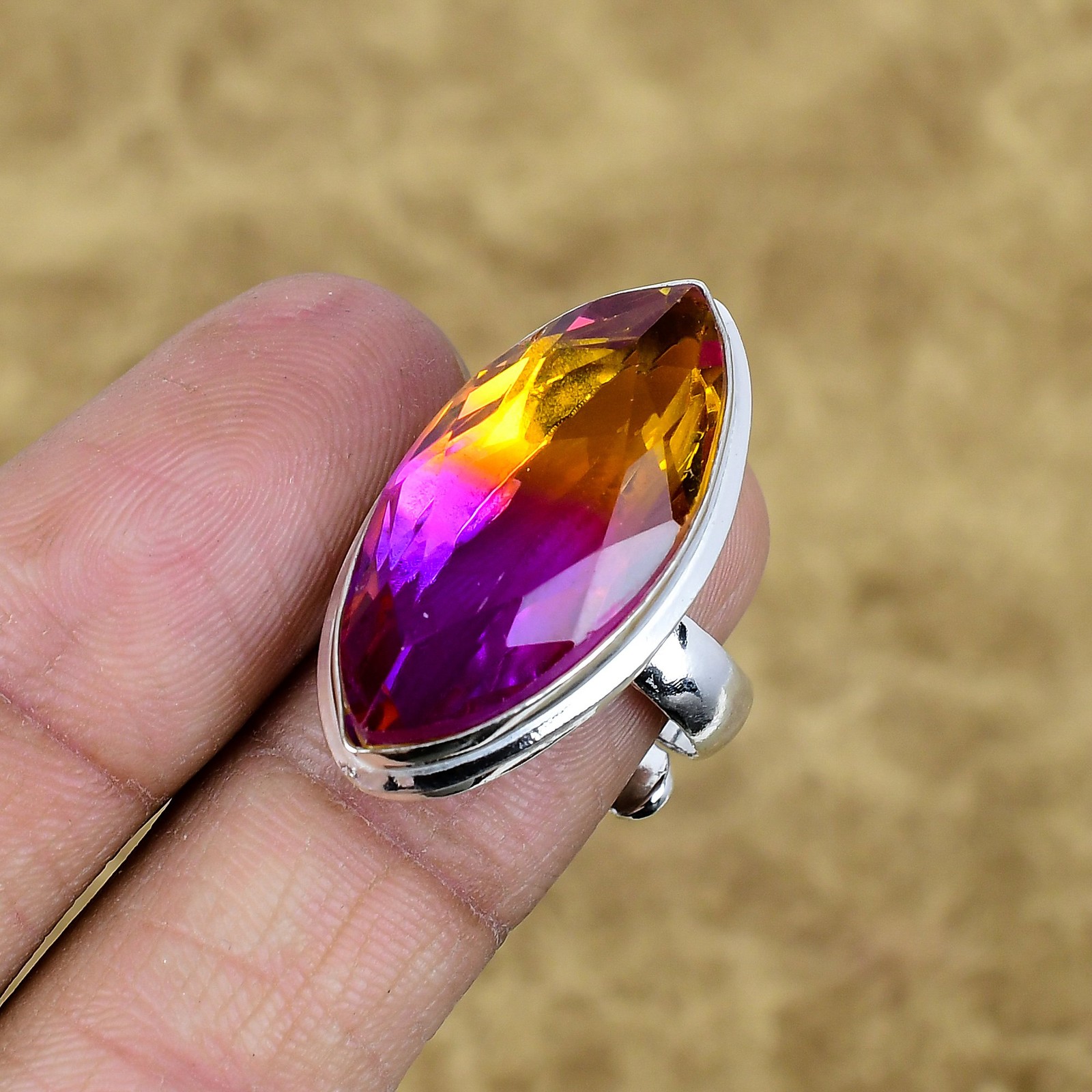 Natural Ametrine Marquise Gemstone Adjustable Ring 925 Sterling Silver Jewelry