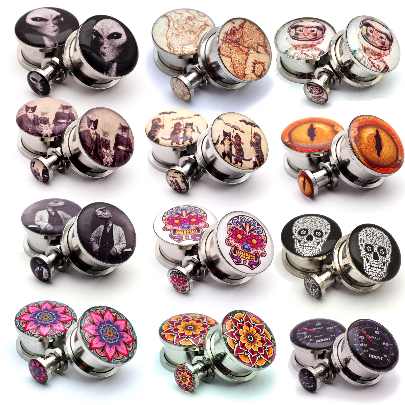 Pair of Screw on Picture Plugs gauges Choose Size and Style 16g thru 1 inch