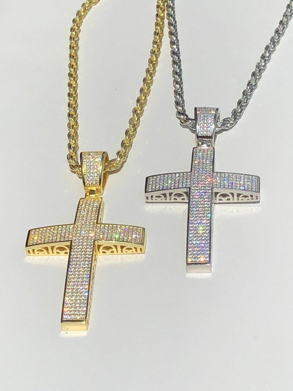 Mens Solid 925 Silver Cross Pendant Real ICED 3ct CZ 14k Gold Plated Rope Chain