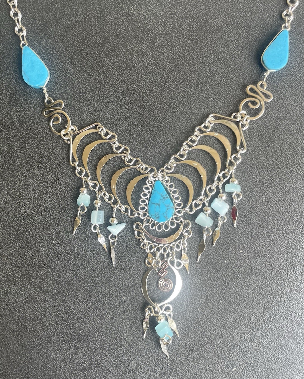 Peruvian Blue Turquoise Semi-Precious Stone Necklace Long Earrings Set Boho Peru