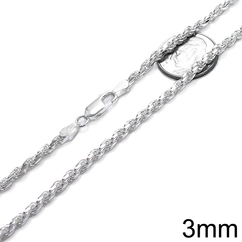 925 Sterling Silver Dia-Cut Rope Chain Necklace w Lobster Lock-Stamped 925 Italy