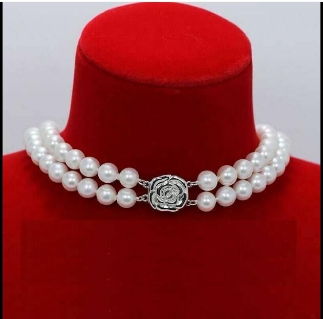 Double Strand AAAA 9-10mm Natural round Akoya White Pearl Necklace 24 inch 925s