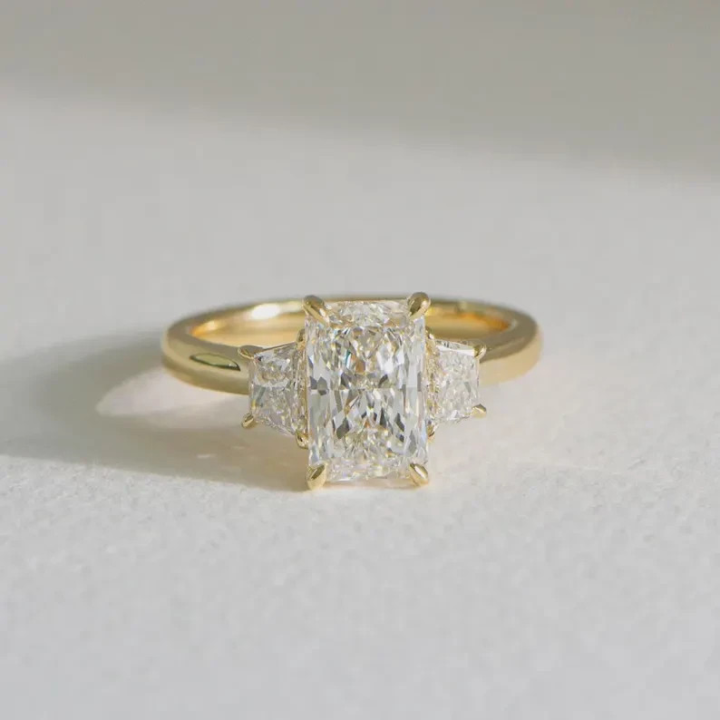 5CT Radiant Cut Real Moissanite 3-Stone Engagement Ring 14k Yellow Gold Plated