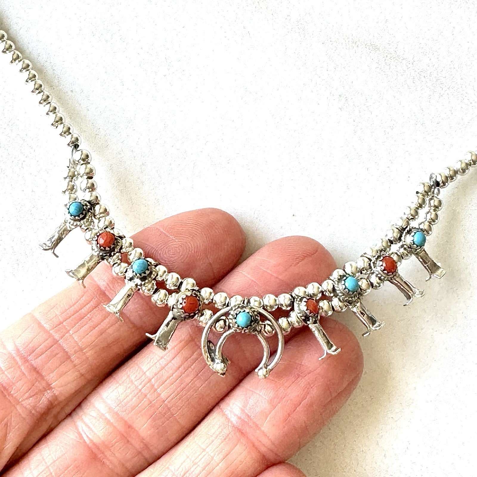 Baby Squash Blossom Necklace Signed LAR Larry Curley Navajo Turquoise Small USA