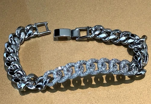 18K White Gold Filled Cuban Link Chain Bracelet made Simulated Diamond 7”