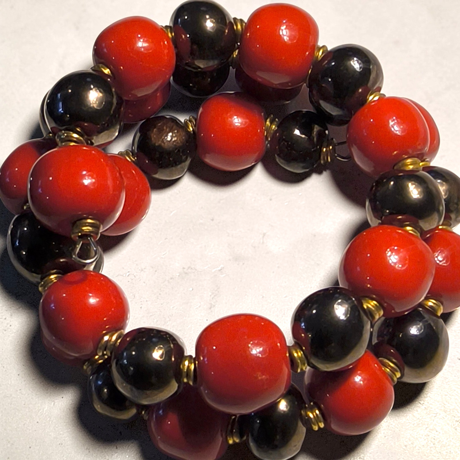 Hematite & Red Bead Memory Wire Wrap Bracelet Gold Tone Stack Statement