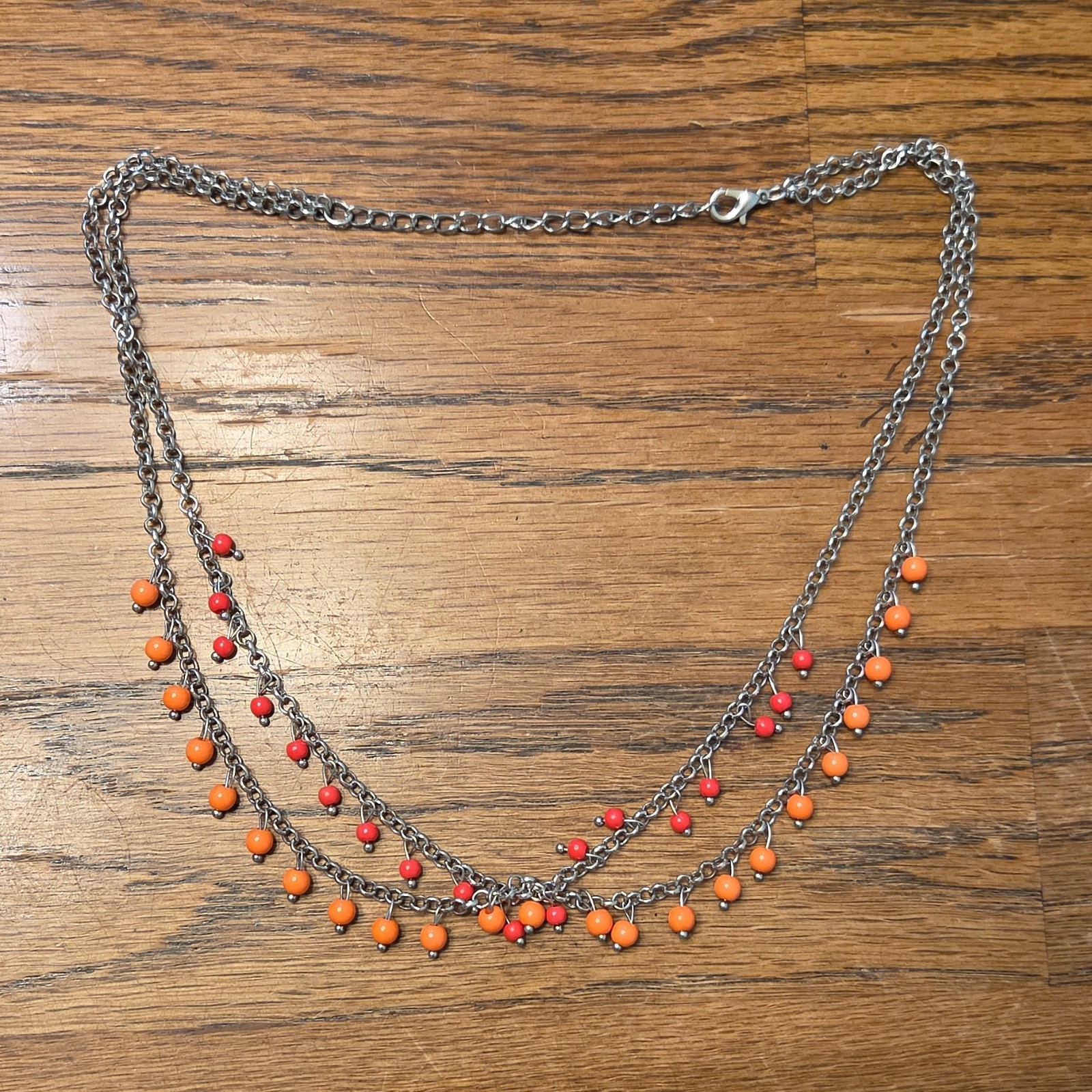 Silver Tone Layered Cable Chain Necklace, Orange & Red Bead Dangles, Lobster