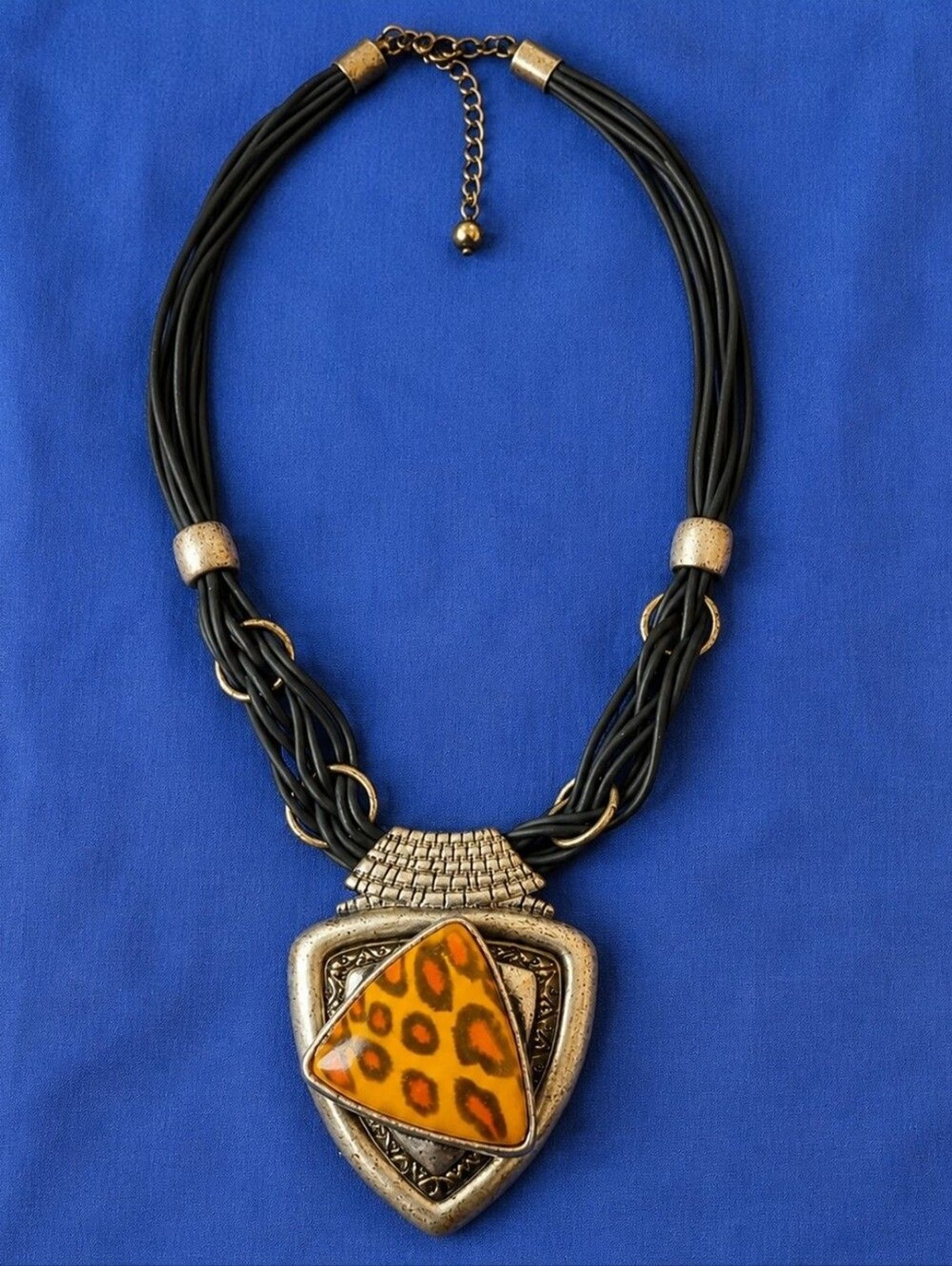 Y2K Leopard Print Statement Necklace Multi Strand Faux Leather Cord Tribal Boho