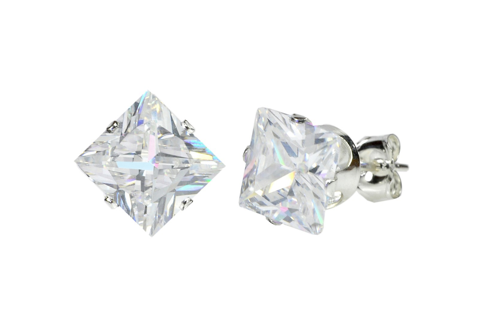 Sterling Silver Square Princess Cut Clear CZ Stud Earrings Prong Set