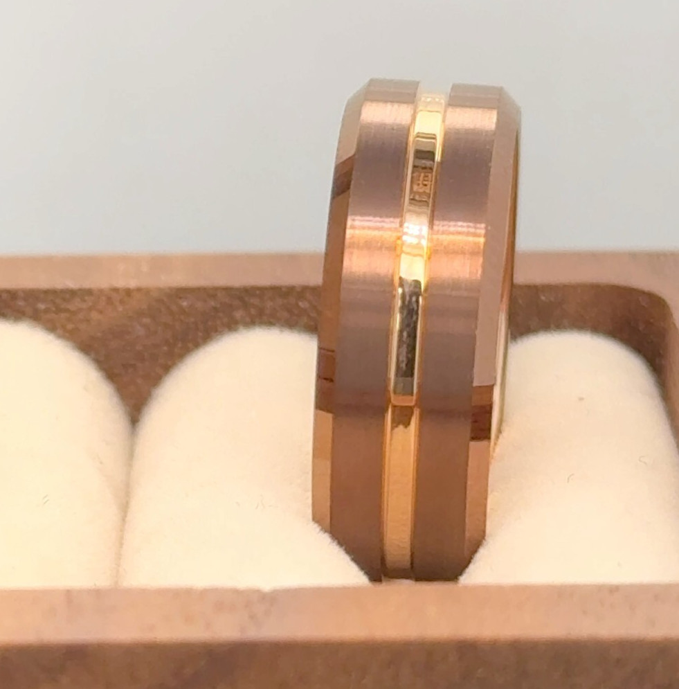 Brown Brushed Finish Center Men’s Wedding Ring Rose Gold IP Plated Tungsten Ring