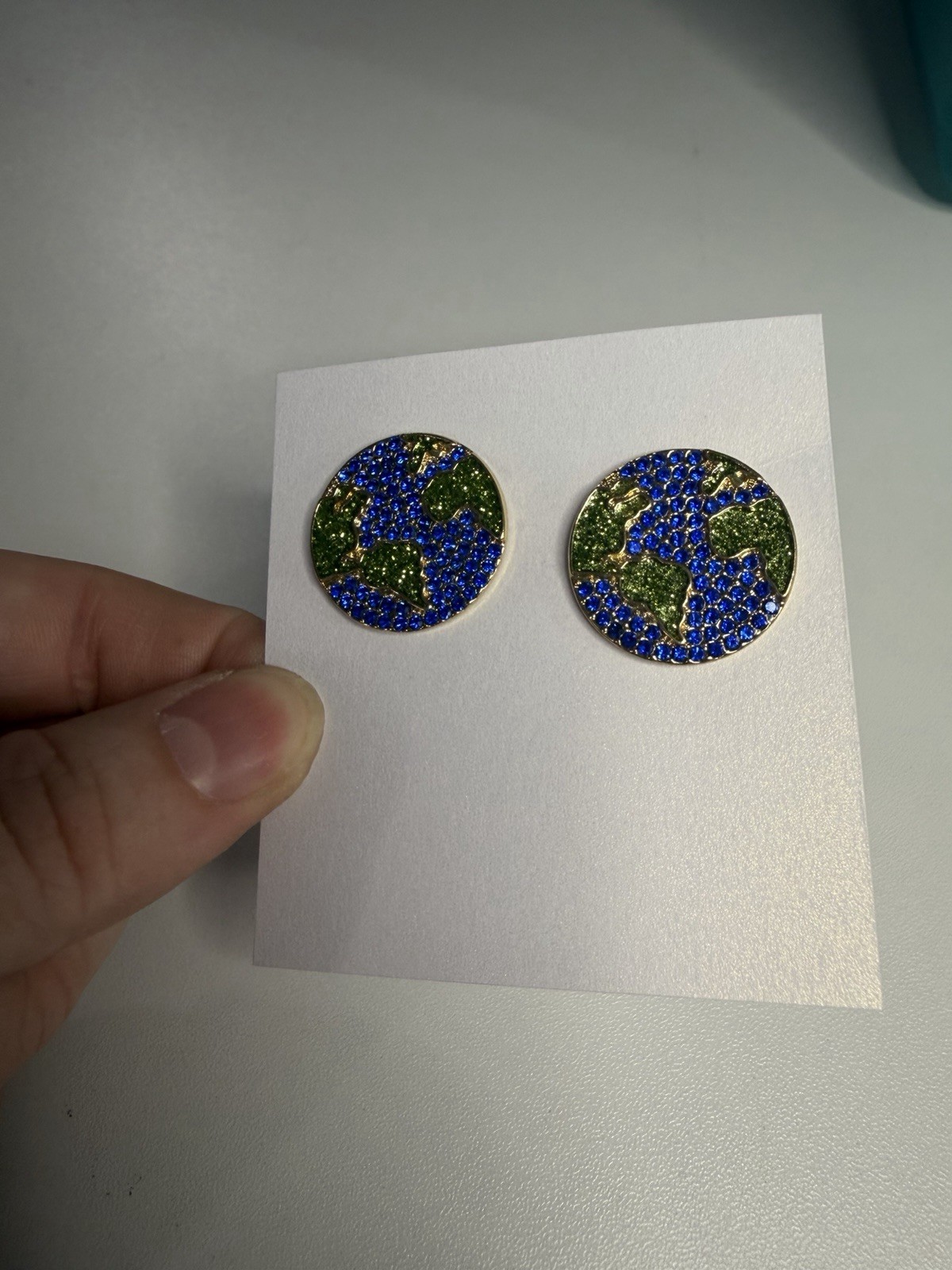 BaubleBar Earth Planet Earrings Blue Green Gold Rhinestone World Stud Earrings