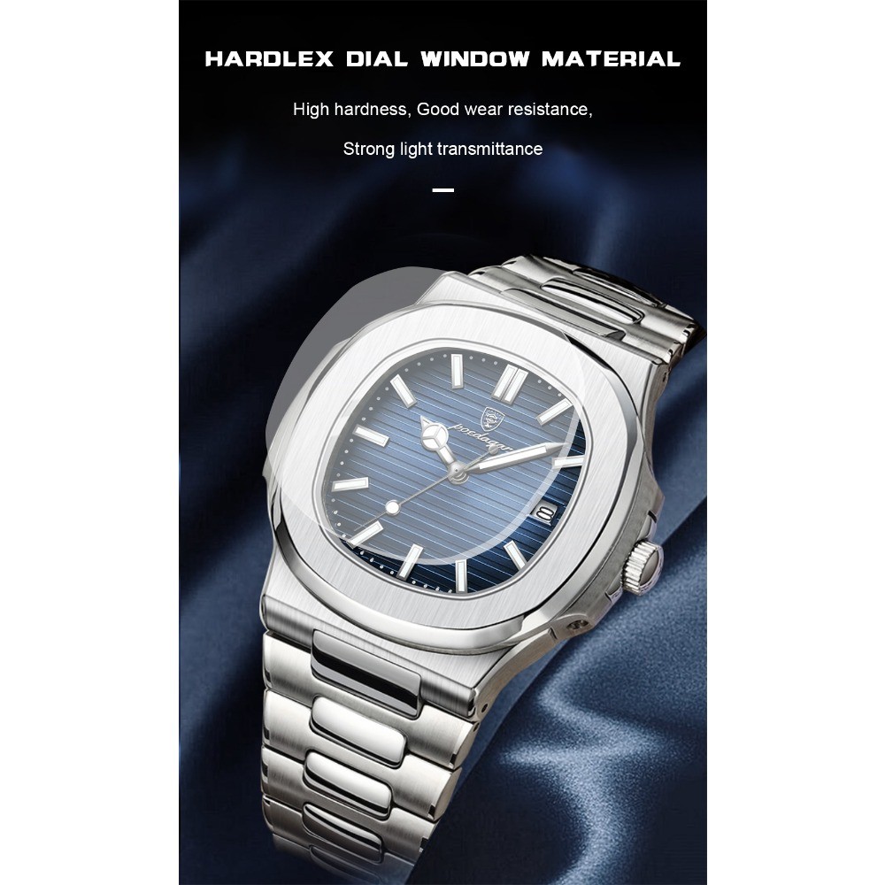 POEDAGAR Square Men Waterproof Luminous Date Stainless Steel Quartz Watch