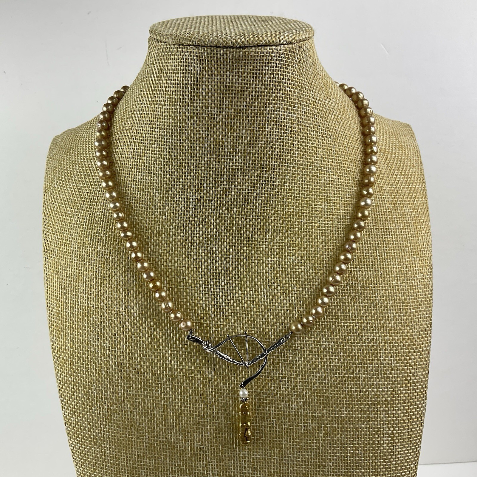 Artisan Sterling Silver Baroque Dangle Pendant Necklace Golden Pearl Near Round