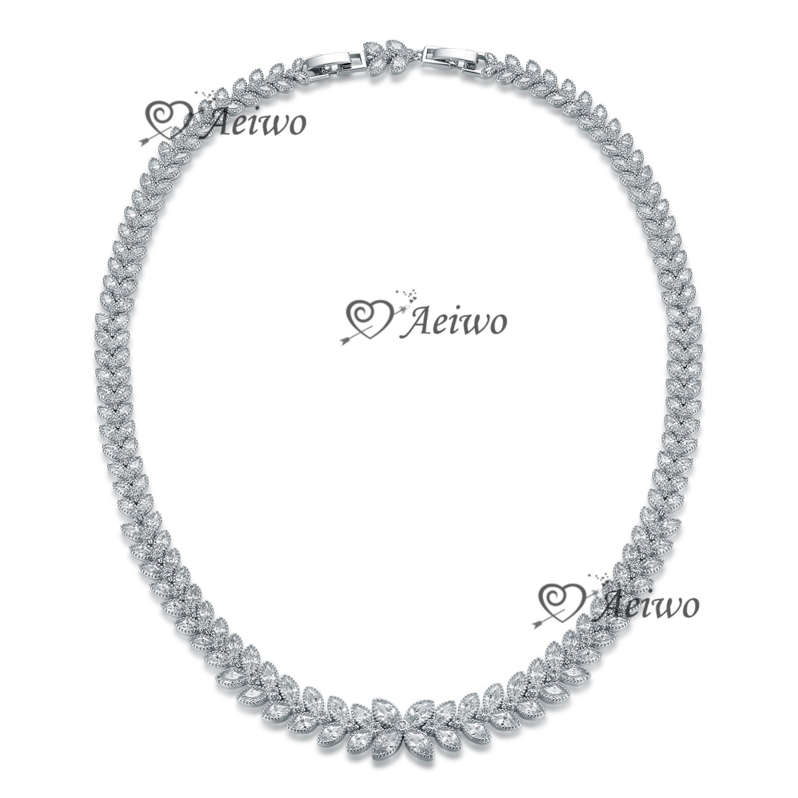 18K WHITE GOLD FILLED SIMULATED DIAMOND WEDDING PARTY NECKLACE LUXURY LEAF
