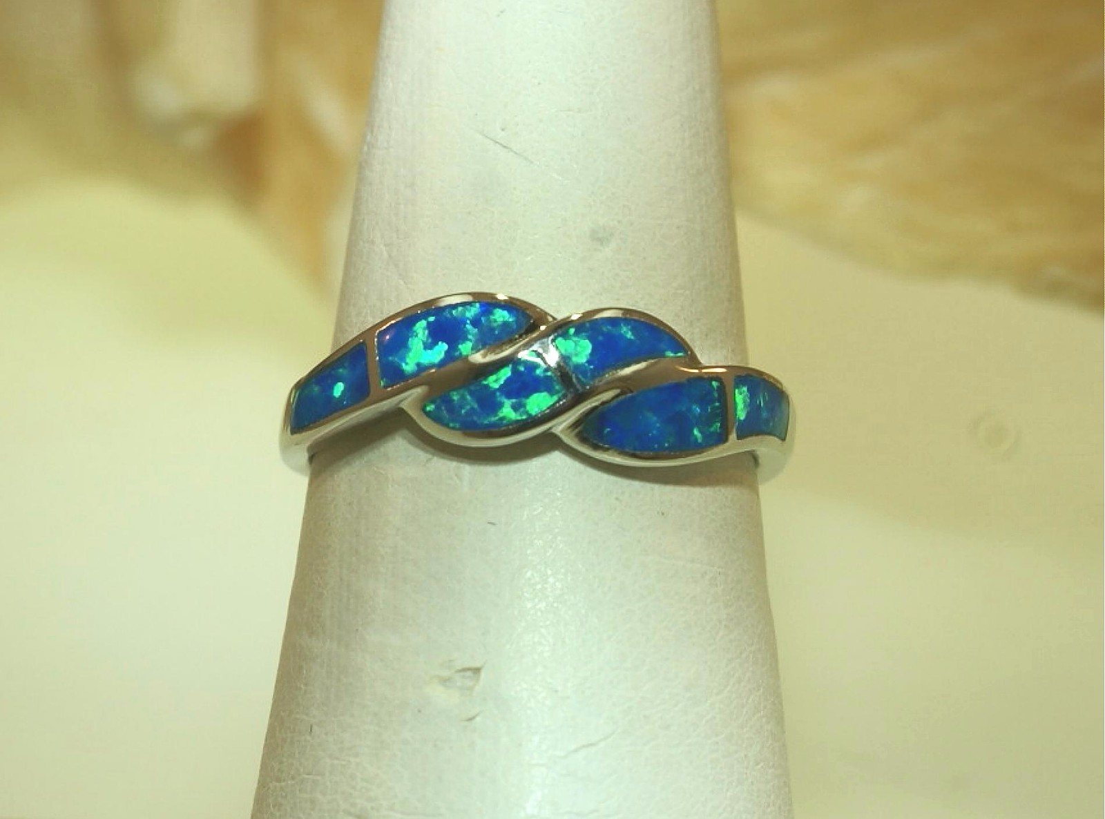 6MM HAWAIIAN RHODIUM 925 STER SILVER INLAID BLUE-GREEN OPAL OCEAN WAVE RING 5-10