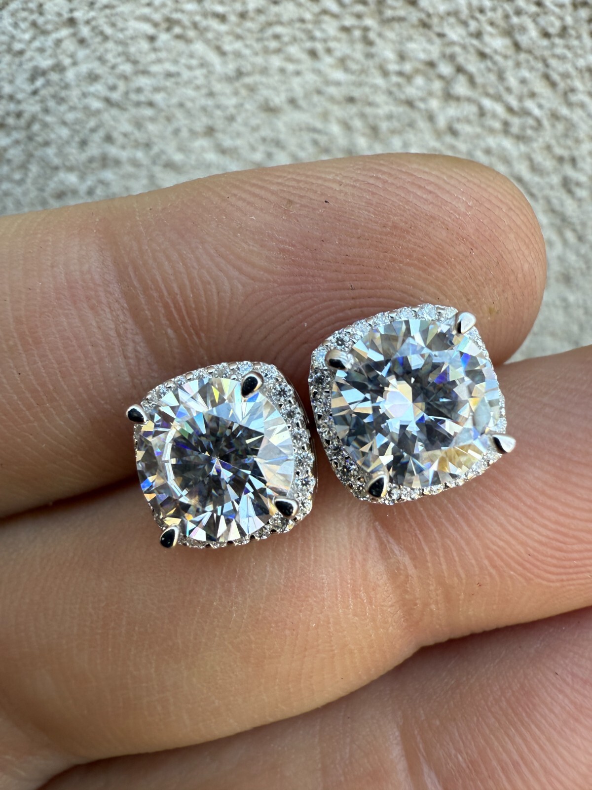 Real Moissanite Square Halo Stud Earrings 925 Silver Hip Hop Mens Ladies Iced