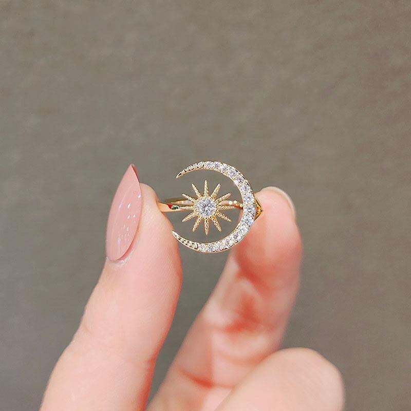 18K Gold Plated Adjustable Crystal Sun Moon Ring for Women Jewelry Gifts
