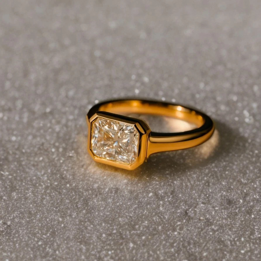 2CT Emerald Cut Moissanite Bezel Set 14k Yellow Gold Plated Engagement Ring