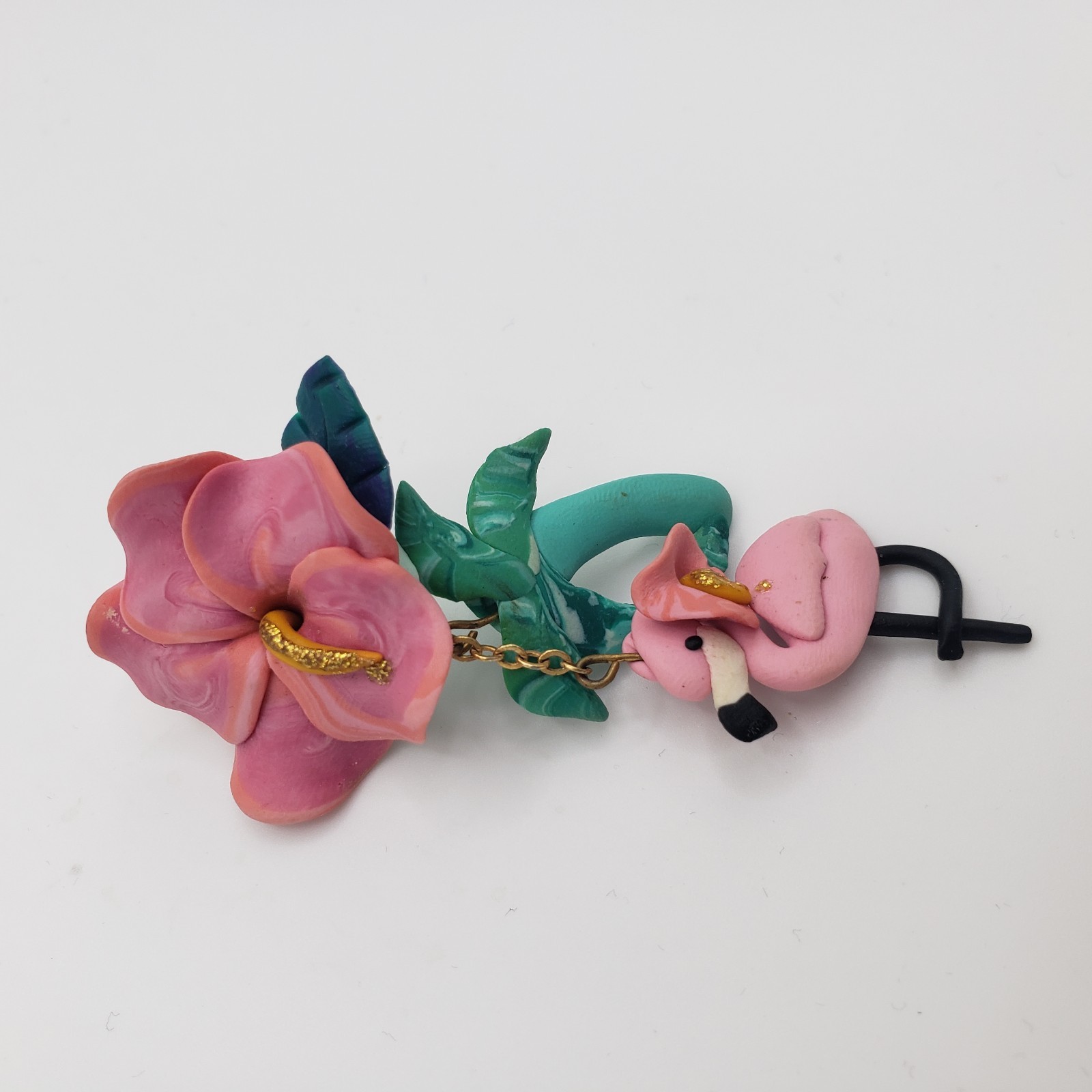 VTG Handcrafted Polymer Clay Pink Flamingo Hibiscus Palm Tree Dangle Earrings