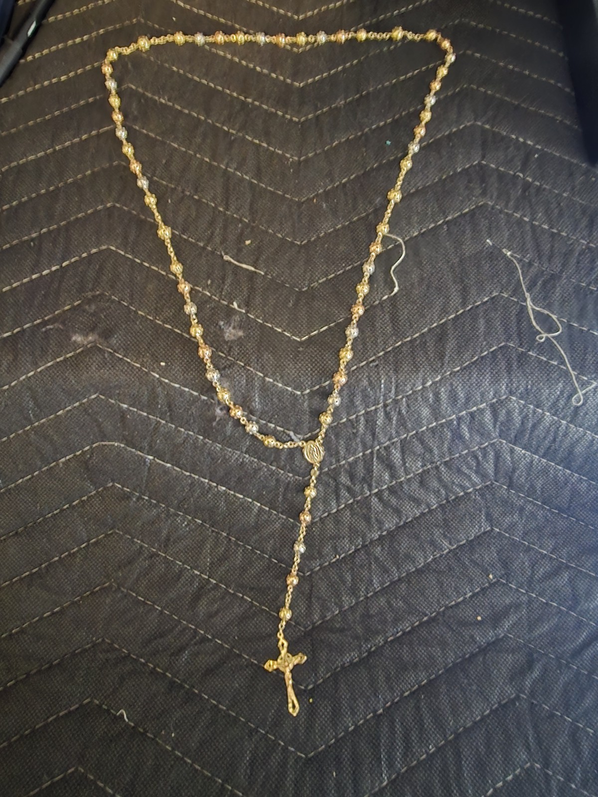 14K Solid Tri color Gold 2.4mm Puf Ball Virgin Guadalupe Rosary Necklace Rosario
