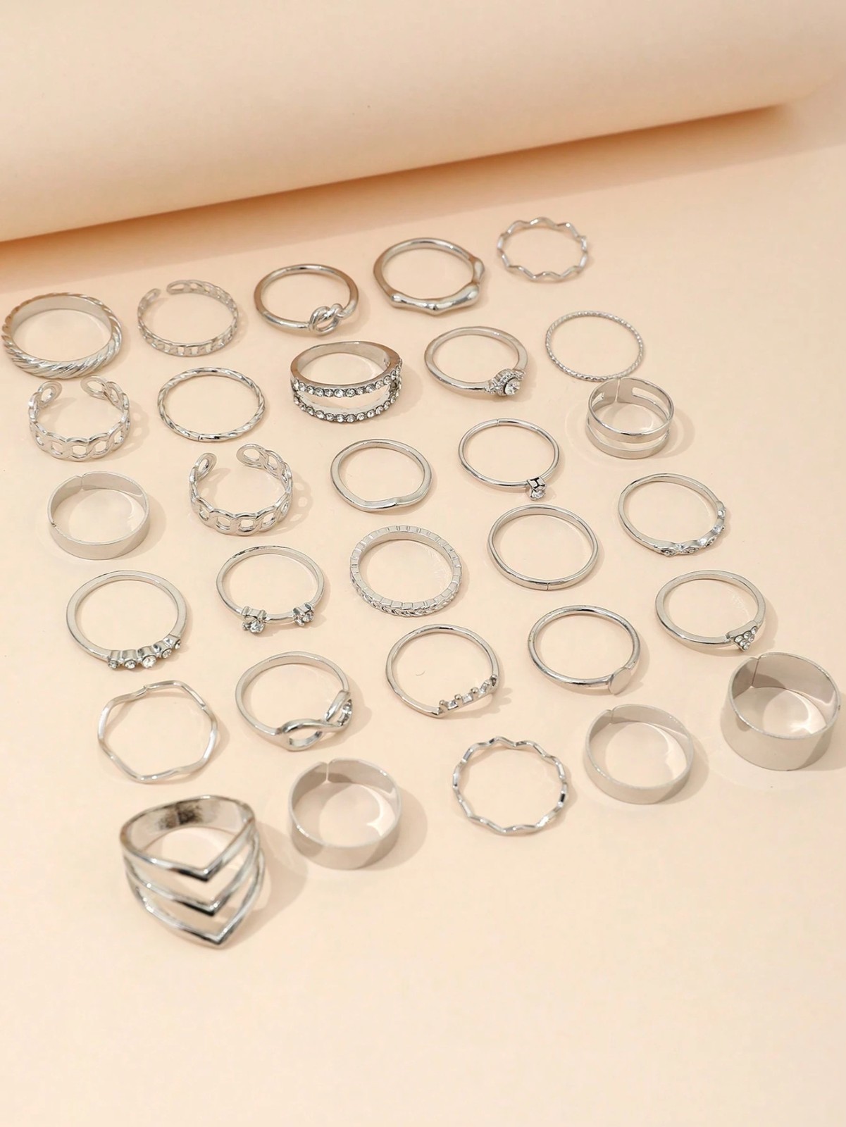 30Pcs Silver Ring Set Women Boho Knuckle Midi Stacking Rings Rhinestone Jewelry